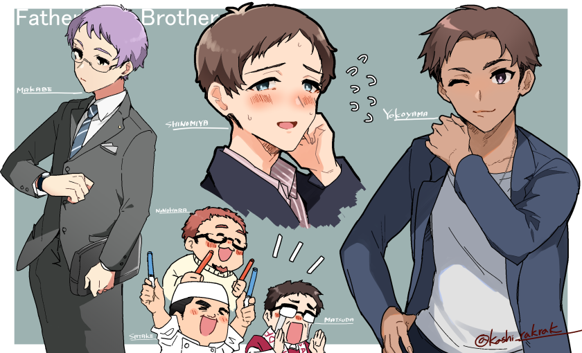 nonohara akane's father, yokoyama kei, satake minako's father, makabe mizuki's father, shinomiya karen's father, and 1 more (idolmaster and 2 more) drawn by nakaya_106