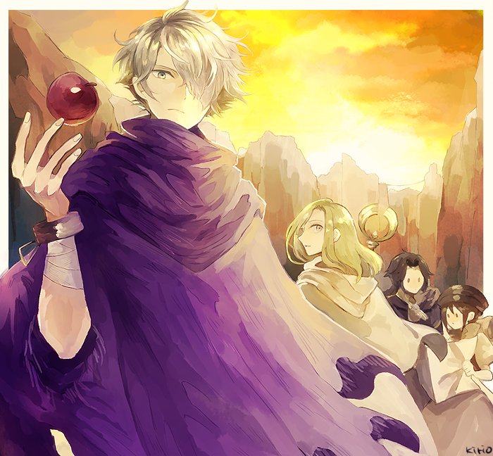 therion, tressa colzione, ophilia clement, and cyrus albright (octopath traveler and 1 more) drawn by okii