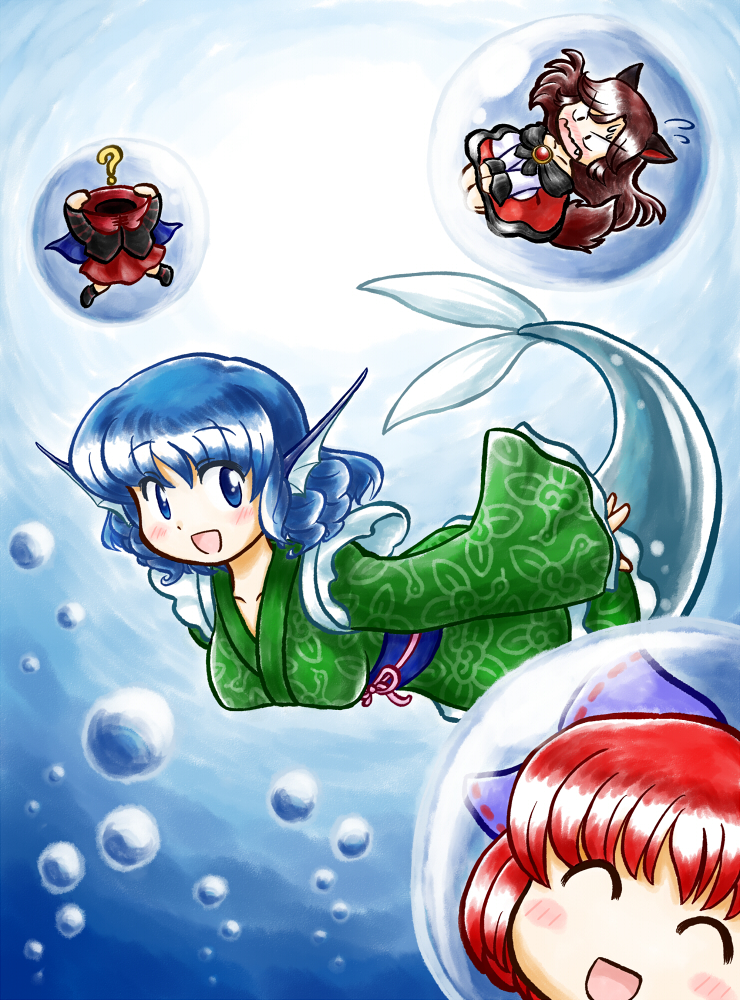 imaizumi kagerou, sekibanki, and wakasagihime (touhou) drawn by nitamago
