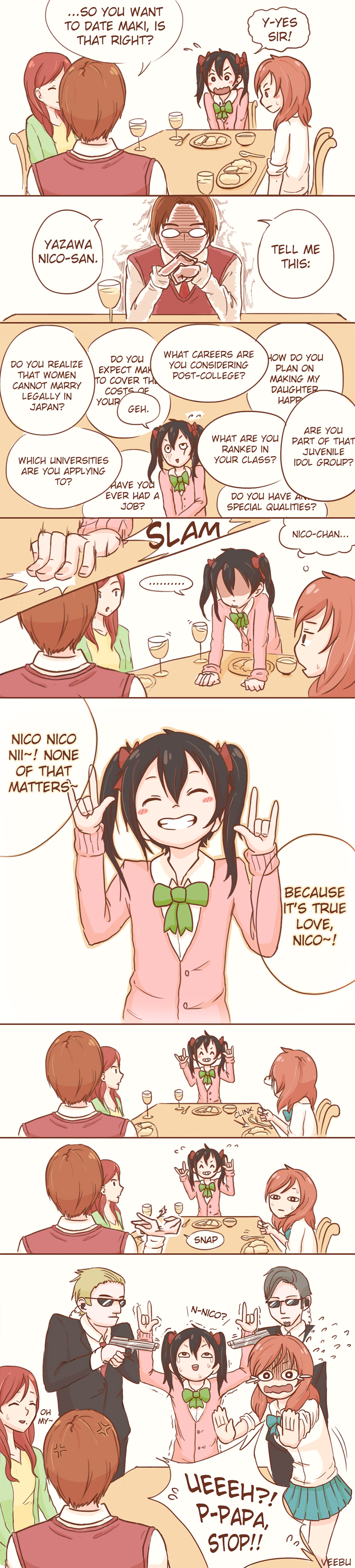 nishikino maki, yazawa nico, nishikino maki's mother, and nishikino maki's father (love live! and 1 more) drawn by friedbun