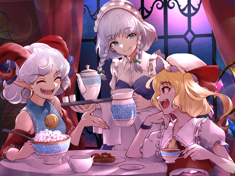 flandre scarlet, izayoi sakuya, and toutetsu yuuma (touhou and 1 more) drawn by 13-gou