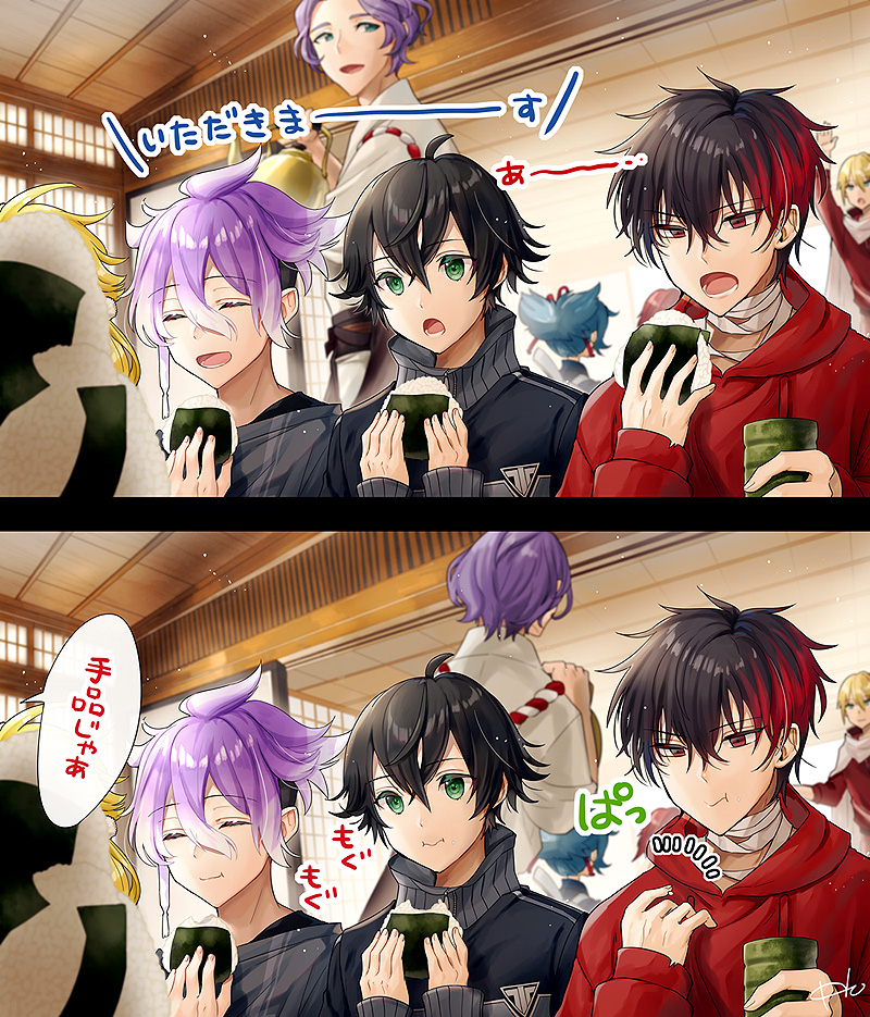 sayo samonji, yamanbagiri kunihiro, kasen kanesada, shishiou, hizen tadahiro, and 2 more (touken ranbu) drawn by houhou_(black_lack)