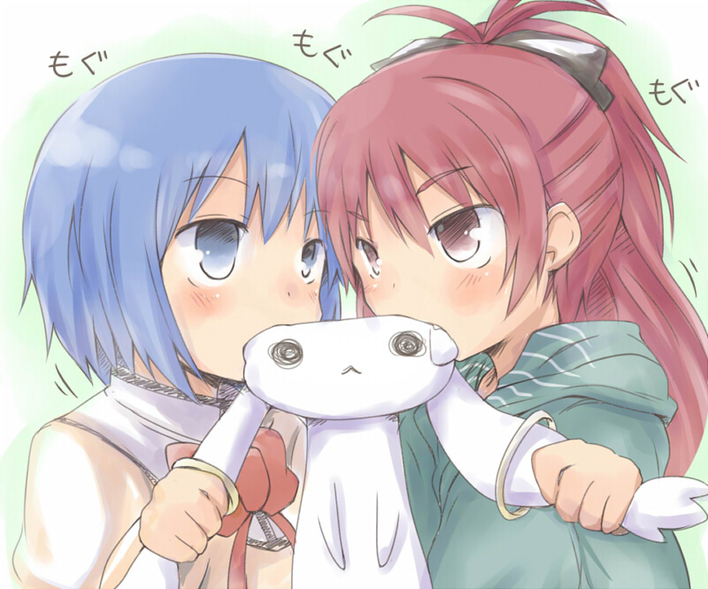 miki sayaka, sakura kyoko, and kyubey (mahou shoujo madoka magica) drawn by lockheart