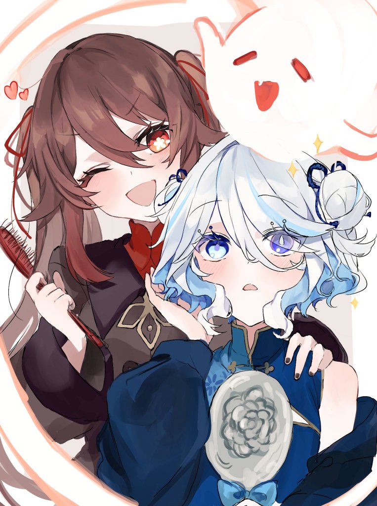 hu tao, furina, and boo tao (genshin impact) drawn by shinoo0915