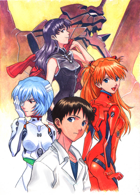 souryuu asuka langley, ayanami rei, ikari shinji, katsuragi misato, and eva 01 (neon genesis evangelion and 1 more) drawn by ayukko_(forest_village)