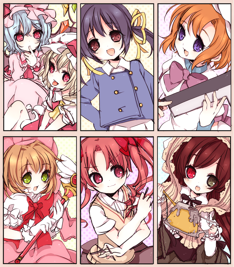 remilia scarlet, flandre scarlet, kinomoto sakura, shirai kuroko, ryuuguu rena, and 2 more (touhou and 5 more) drawn by moriyama_shijimi