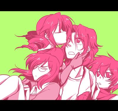 tieria erde, setsuna f. seiei, feldt grace, and lockon stratos (gundam and 1 more) drawn by hio_(artist)