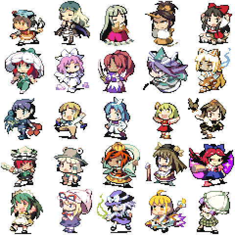hakurei reimu, yakumo yukari, shameimaru aya, fujiwara no mokou, rumia, and 22 more (touhou and 1 more) drawn by hachi_(8bit_canvas)