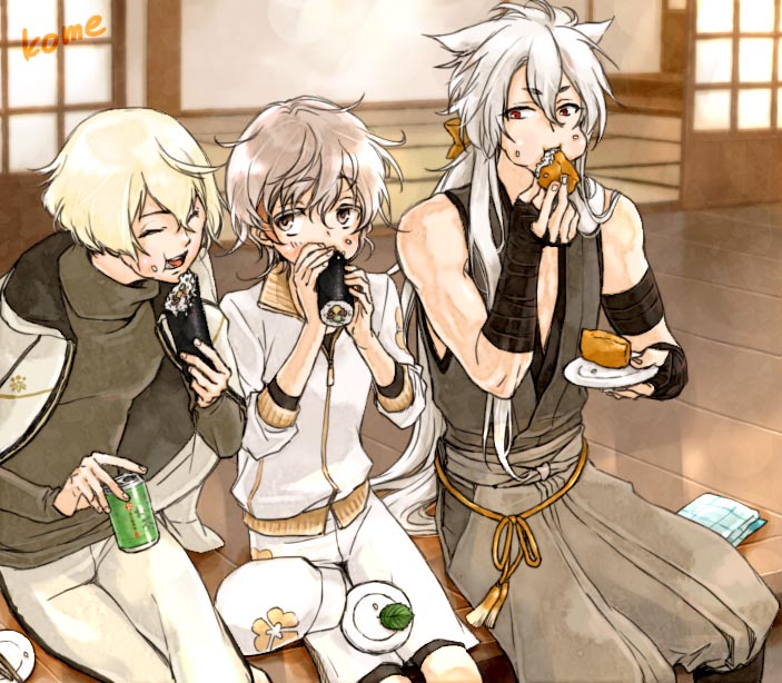 kogitsunemaru, higekiri, and monoyoshi sadamune (touken ranbu) drawn by sunomata