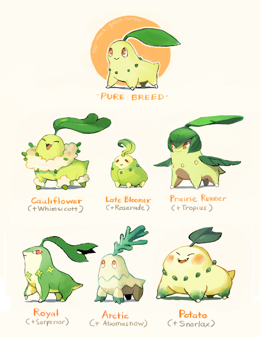 chikorita, snorlax, serperior, whimsicott, roserade, and 2 more (pokemon) drawn by onemegawatt