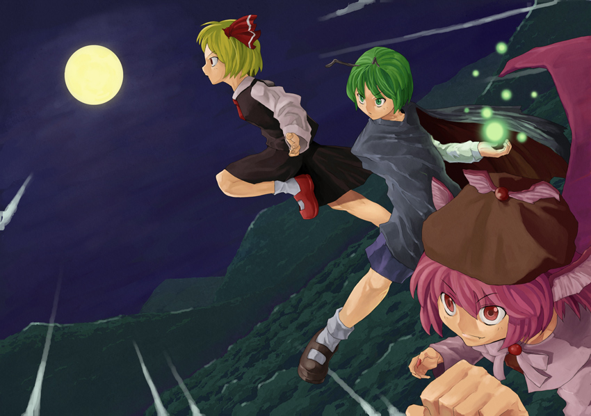 rumia, mystia lorelei, and wriggle nightbug (touhou) drawn by tooku_nomura_(artist)