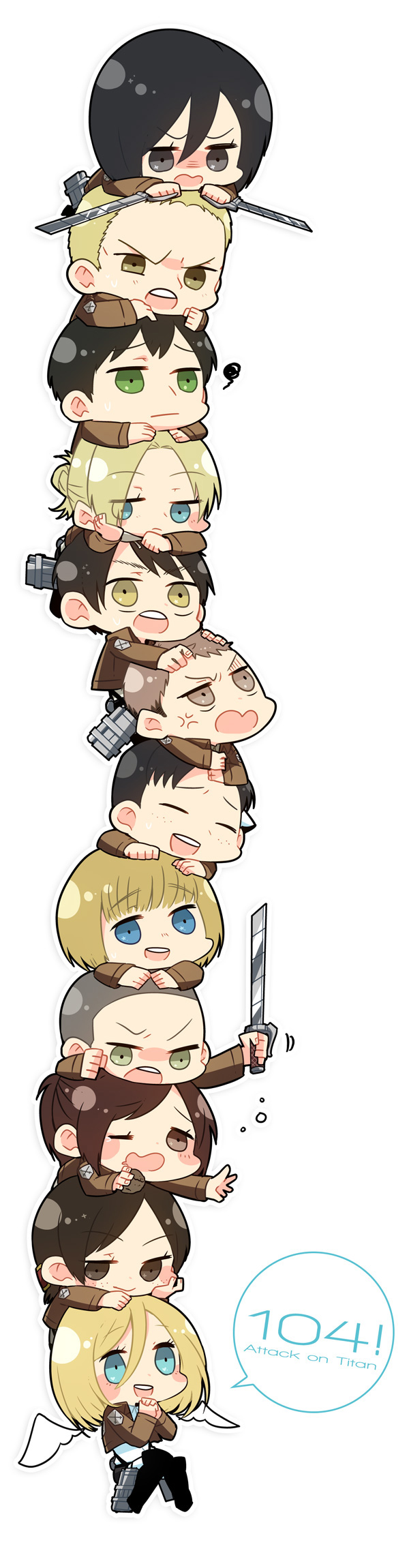 mikasa ackerman, eren yeager, krista lenz, ymir, reiner braun, and 7 more (shingeki no kyojin) drawn by korenashi