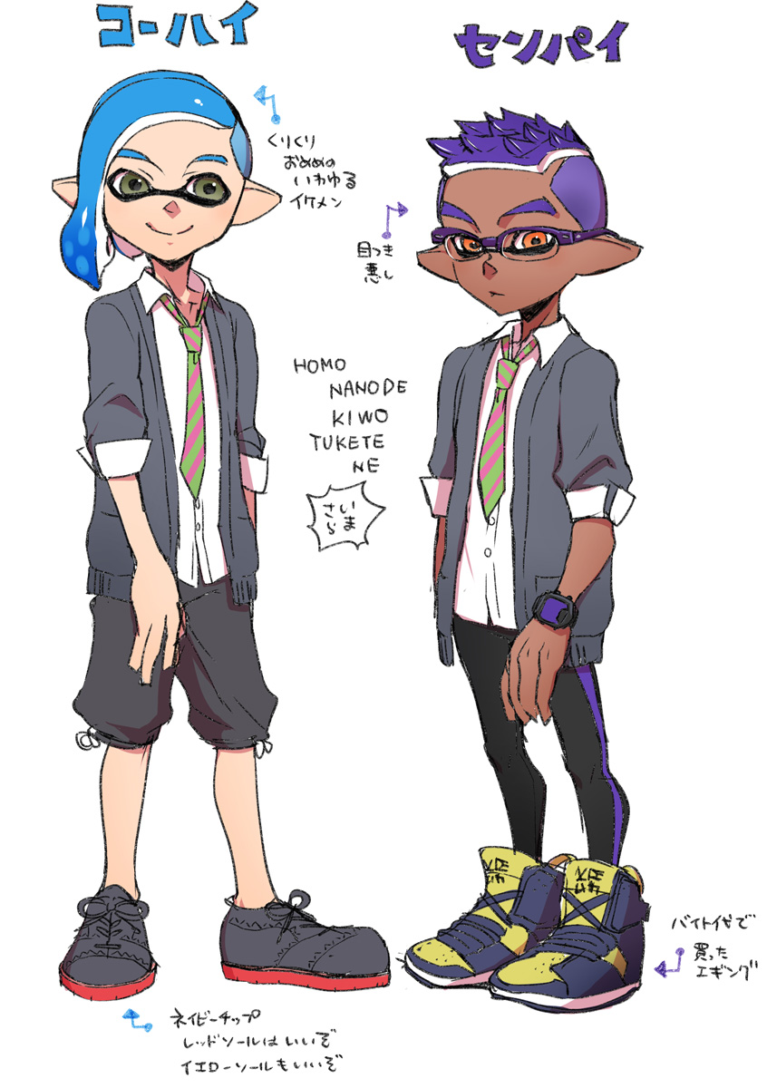 inkling player character, inkling boy, senpai, and kouhai (splatoon) drawn by souzaipan
