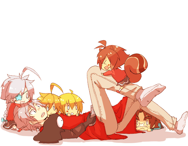 makoto nanaya, ragna the bloodedge, nu-13, jin kisaragi, lambda-11, and 2 more (blazblue) drawn by kuro_yuzu