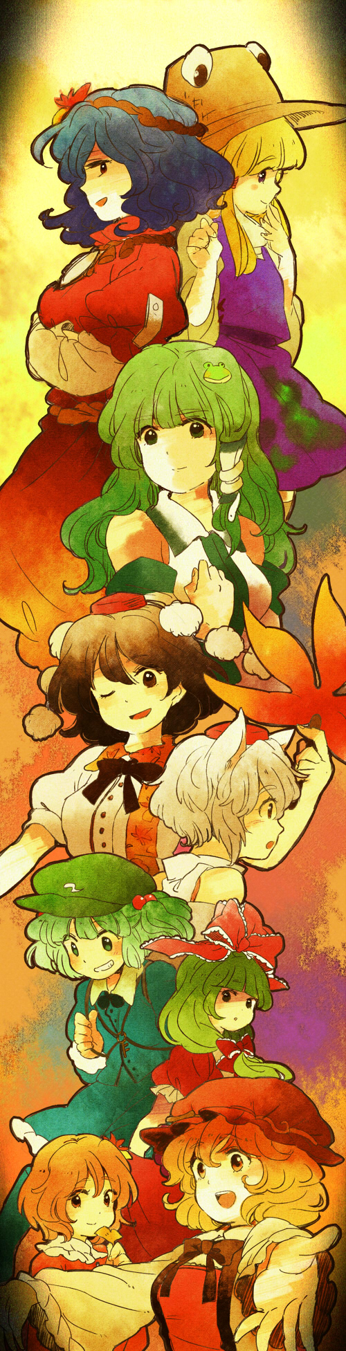 kochiya sanae, shameimaru aya, inubashiri momiji, moriya suwako, kawashiro nitori, and 4 more (touhou and 1 more) drawn by meeko