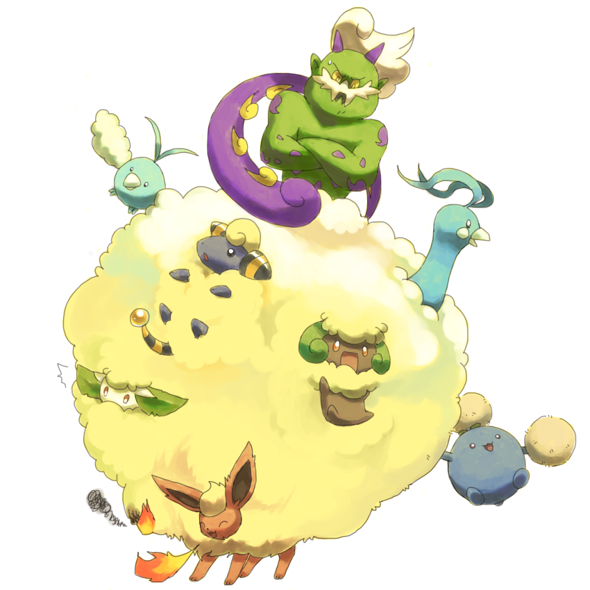 flareon, altaria, swablu, whimsicott, jumpluff, and 3 more (pokemon) drawn by wasabi_(trop_drop)