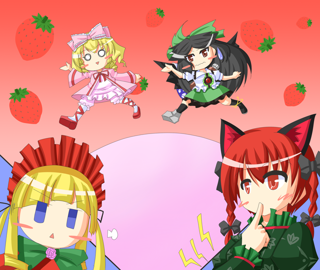 kaenbyou rin, reiuji utsuho, shinku, and hinaichigo (touhou and 1 more) drawn by urushi