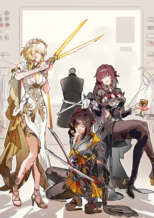 aglaea, chiori, and eden (genshin impact and 4 more) drawn by grape_(grapedraws)