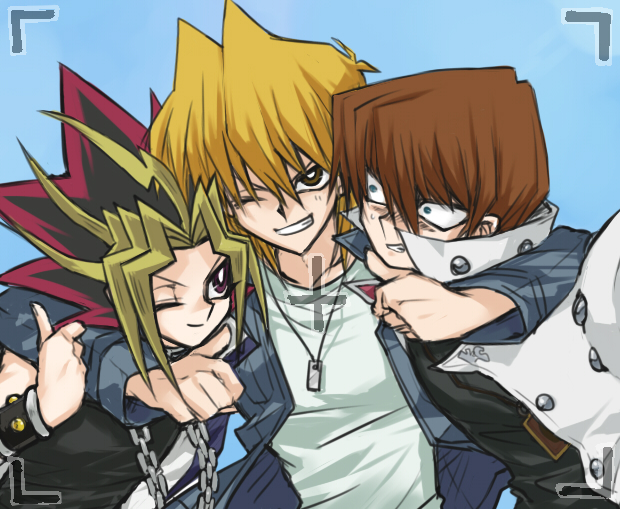 kaiba seto, yami yugi, and jonouchi katsuya (yu-gi-oh! and 1 more) drawn by kooriyama_ichirou