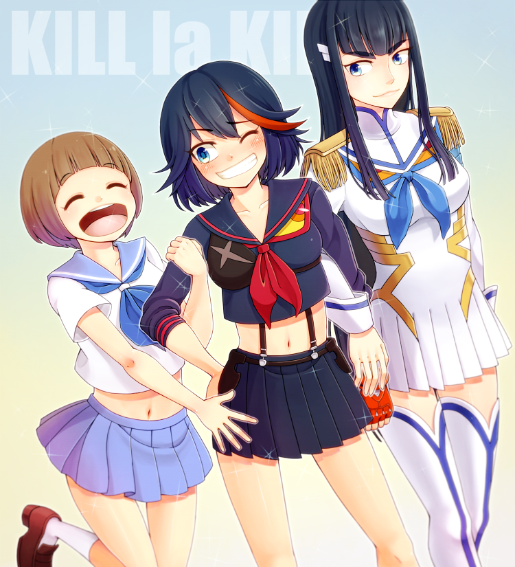 matoi ryuuko, senketsu, kiryuuin satsuki, mankanshoku mako, and junketsu (kill la kill) drawn by tomozu