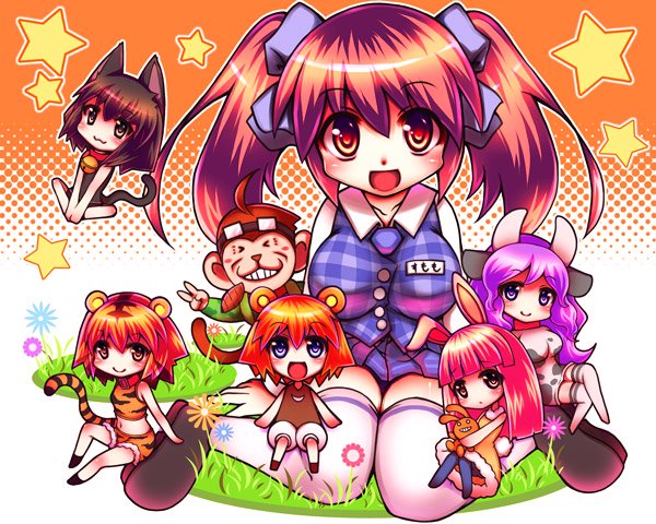 kuma-tan, rabi-tan, neko-kun, ushi-oneesan, tora-oneesan, and 1 more (kumatanchi) drawn by nishima_yuuya