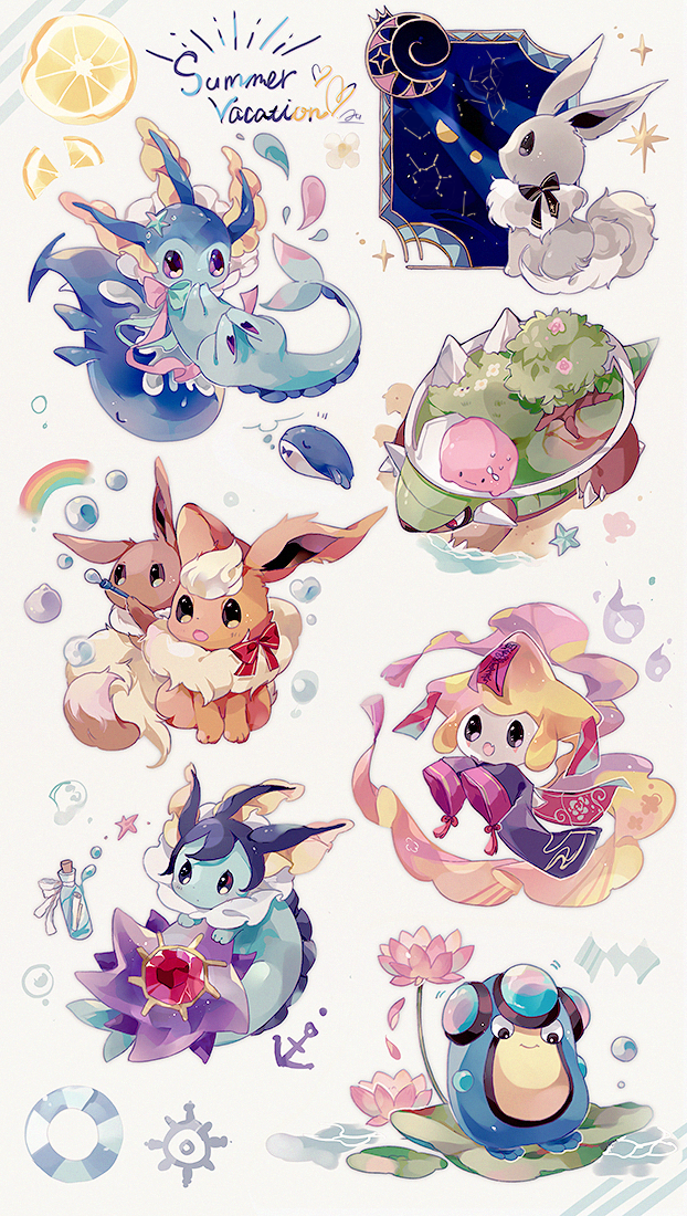 eevee, vaporeon, jirachi, starmie, torterra, and 1 more (pokemon) drawn by coco7