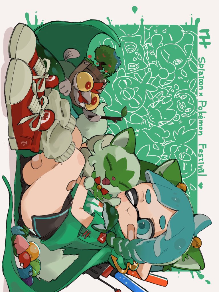 inkling player character, inkling girl, rowlet, bulbasaur, sprigatito, and 7 more (pokemon and 3 more) drawn by chiikama_(plus67kt)