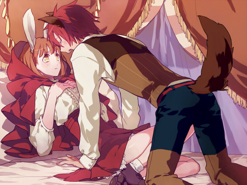 little red riding hood, big bad wolf, nanami haruka, and ittoki otoya (little red riding hood and 1 more) drawn by cornibk