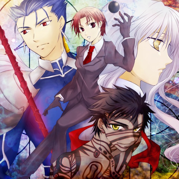 cu chulainn, caren hortensia, bazett fraga mcremitz, and angra mainyu (fate and 2 more) drawn by akiha_(ominaeshi)