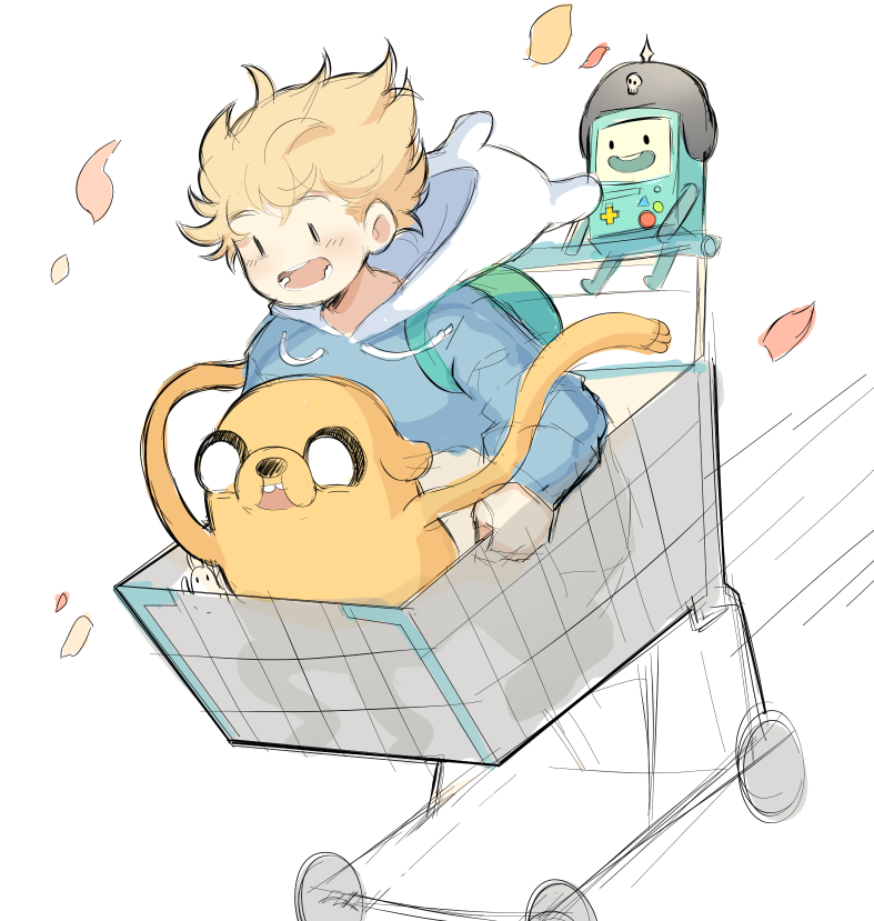 finn the human, jake the dog, and bmo (adventure time) drawn by fujimachine_(clayten)