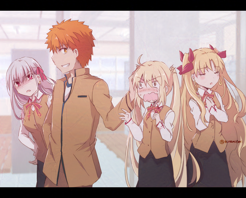 artoria pendragon, emiya shirou, ereshkigal, kama, artoria caster, and 1 more (fate and 2 more) drawn by minafuni