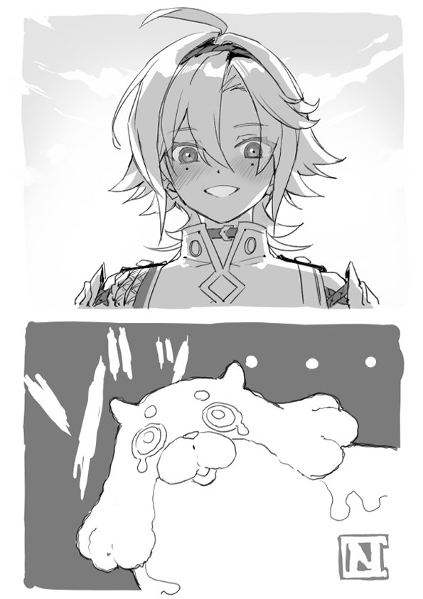 shikanoin heizou and blubberbeast (genshin impact) drawn by choco_c14