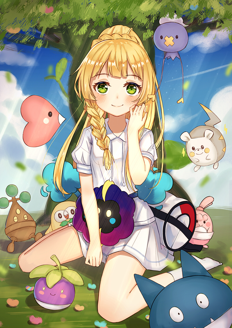 lillie, rowlet, cosmog, drifloon, luvdisc, and 5 more (pokemon and 1 more) drawn by yuhuan