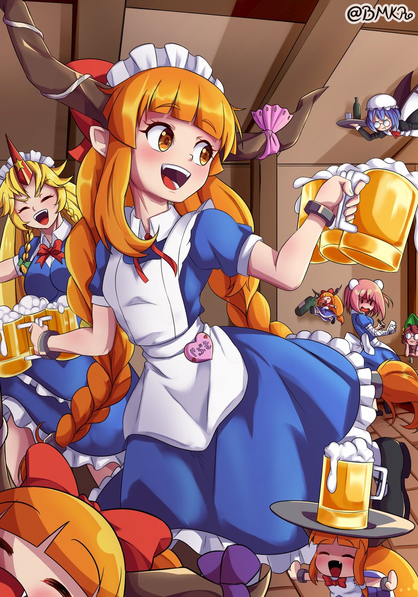 remilia scarlet, ibuki suika, hoshiguma yuugi, ibaraki kasen, and futatsuiwa mamizou (touhou and 1 more) drawn by bmkro