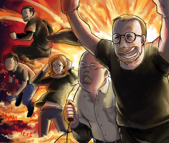 jamie hyneman, adam savage, tory belleci, kari byron, and grant imahara (mythbusters) drawn by destroyersagiri