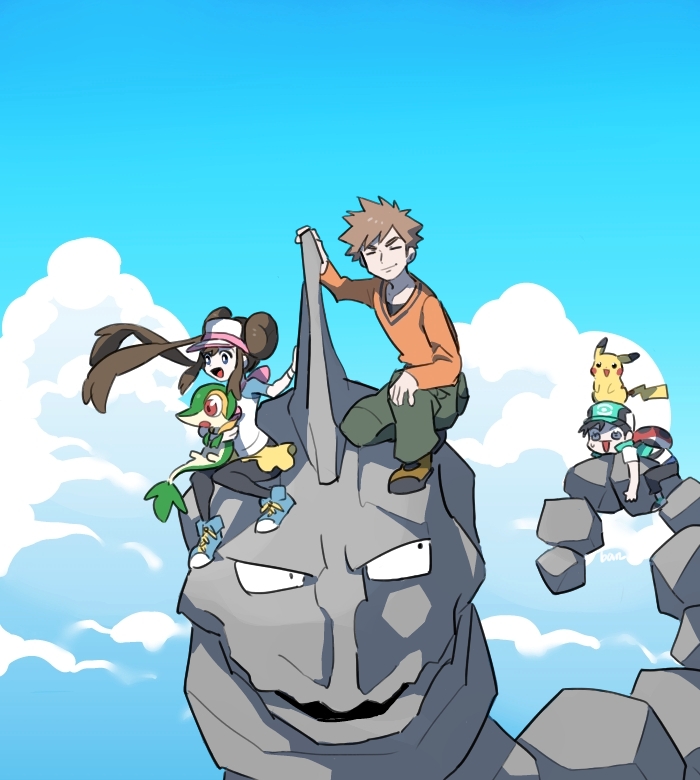 pikachu, rosa, snivy, brock, onix, and 1 more (pokemon and 3 more) drawn by ban_(ban62460424)