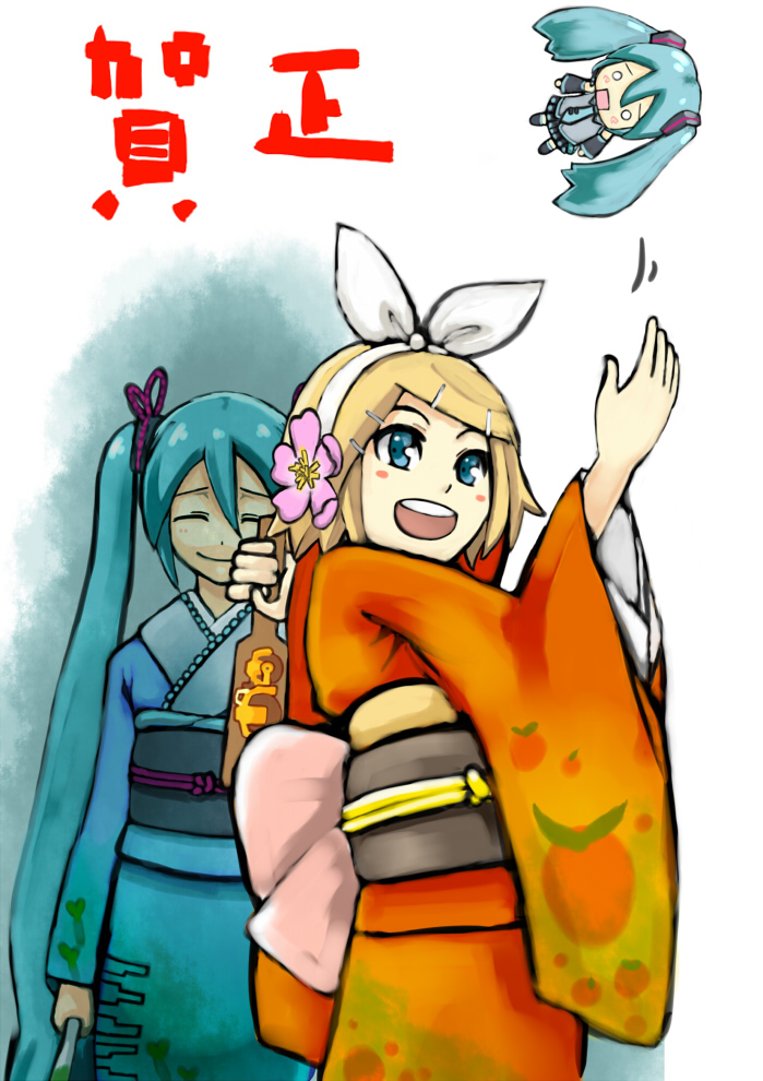 hatsune miku, kagamine rin, and hachune miku (vocaloid) drawn by kahadu_(kawazu)