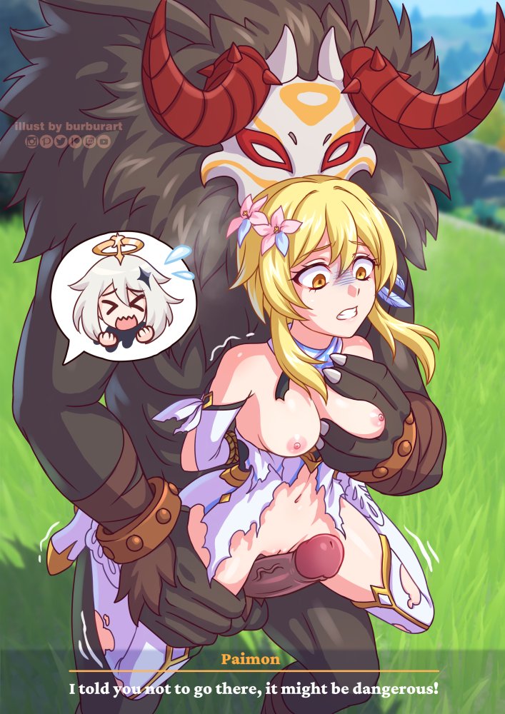 lumine, paimon, and hilichurl (genshin impact) drawn by burbur