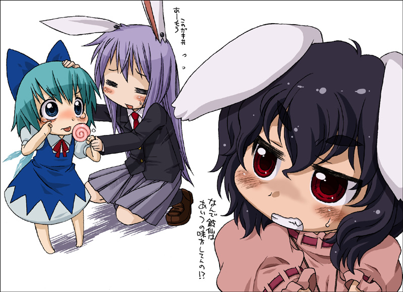 cirno, reisen udongein inaba, and inaba tewi (touhou) drawn by harukaze_unipo