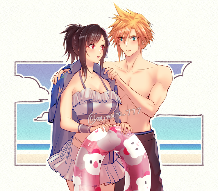 tifa lockhart, cloud strife, and moogle (final fantasy and 3 more) drawn by minato_(ct_777)
