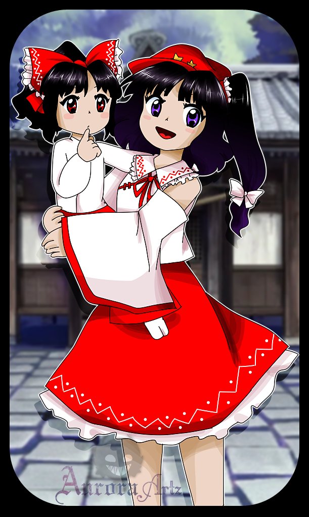 hakurei reimu and label girl (touhou) drawn by aurora_artz