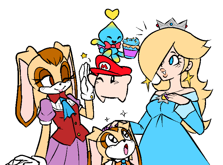 rosalina, luma, cream the rabbit, neutral chao, cheese, and 2 more (mario and 2 more) drawn by brodtsumi
