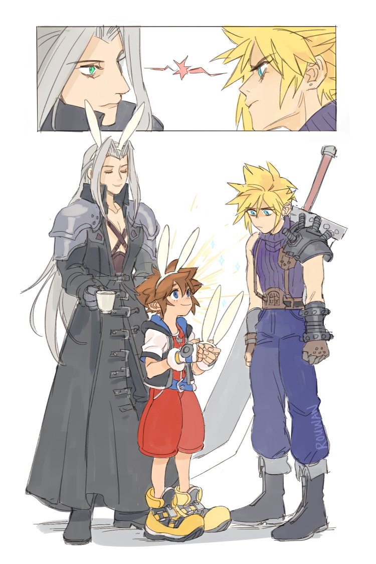 cloud strife, sephiroth, and sora (final fantasy and 6 more) drawn by rouwan