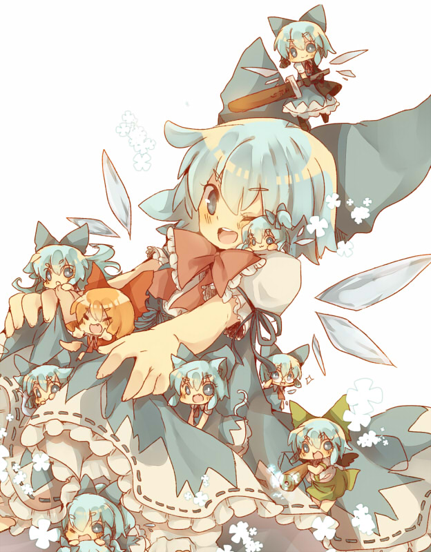 hakurei reimu, flandre scarlet, cirno, kaenbyou rin, reiuji utsuho, and 2 more (touhou and 1 more) drawn by masirosu