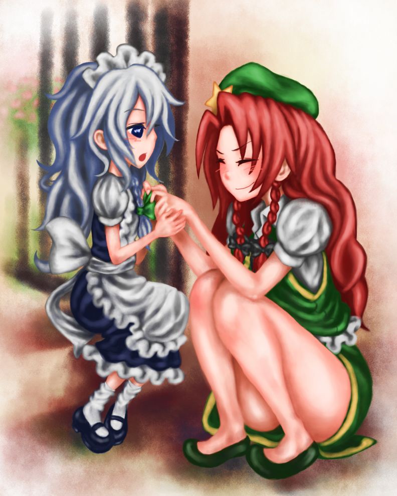 izayoi sakuya and hong meiling (touhou) drawn by run_(rrrrun)