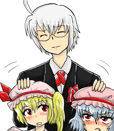 remilia scarlet, flandre scarlet, and morichika rinnosuke (touhou) drawn by enokuma_uuta