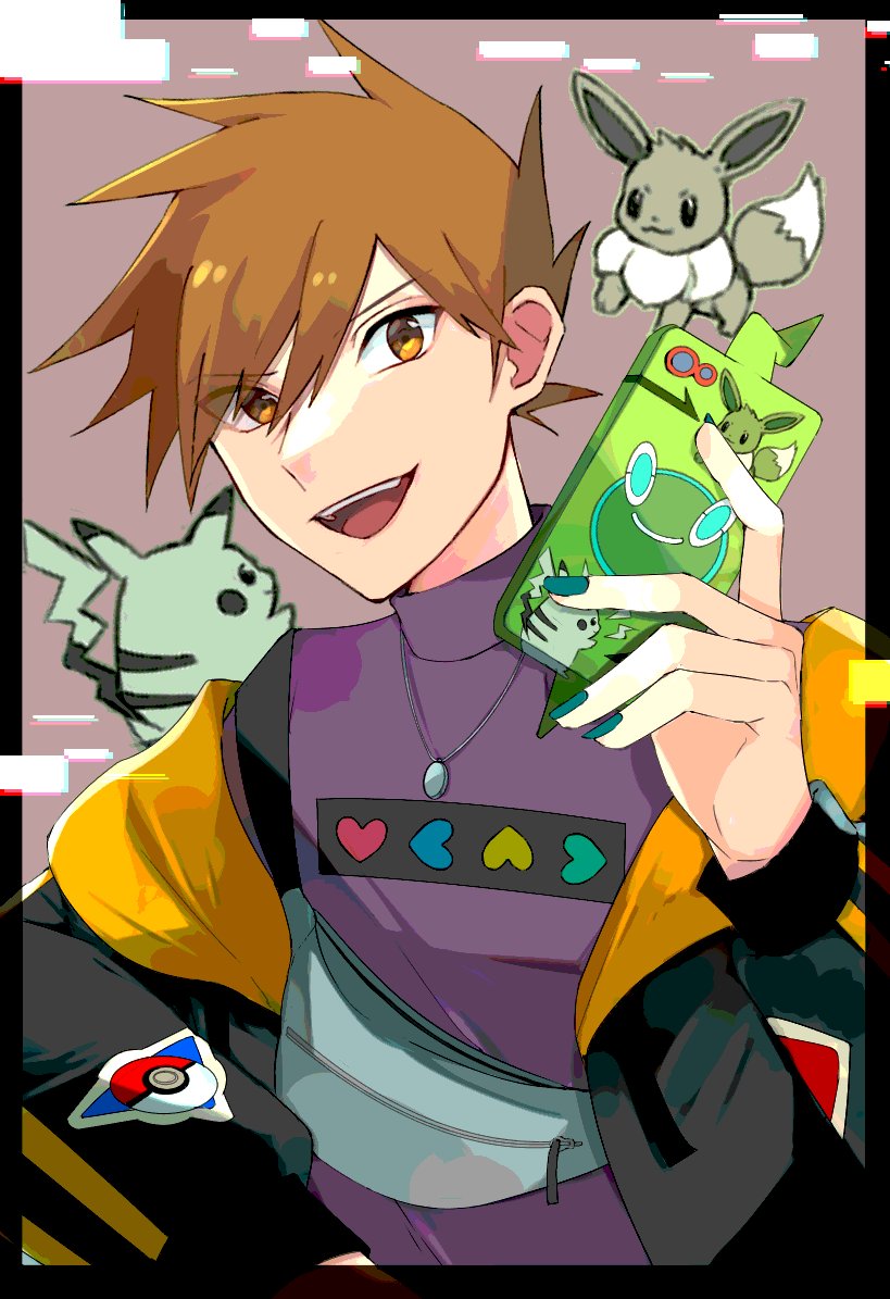 pikachu, eevee, rotom, blue oak, and rotom phone (pokemon and 1 more) drawn by norisukep