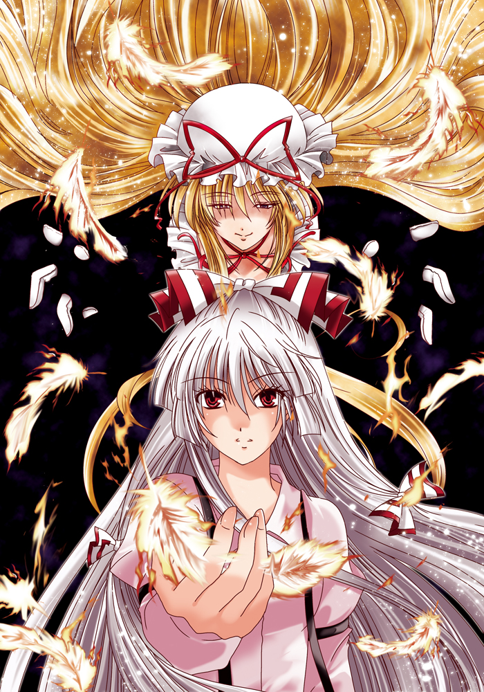 yakumo yukari and fujiwara no mokou (touhou) drawn by rindou_matsuri