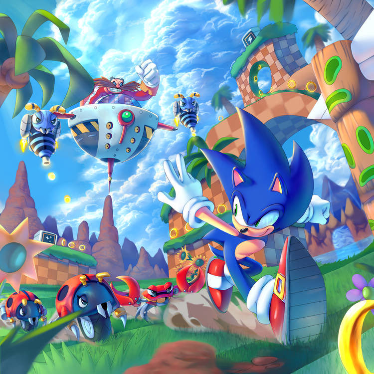 sonic the hedgehog, dr. eggman, moto bug, crabmeat, and buzz bomber (sonic) drawn by chaosc0ntr0l