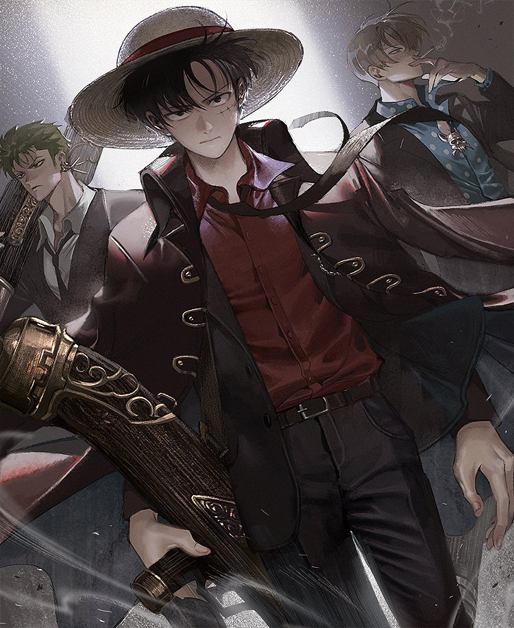 monkey d. luffy, roronoa zoro, and sanji (one piece and 1 more) drawn by runa_(nori31291404)